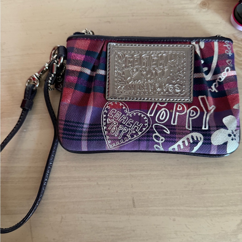 Coach Poppy Multicolor Plaid Wristlet with Heart Accents